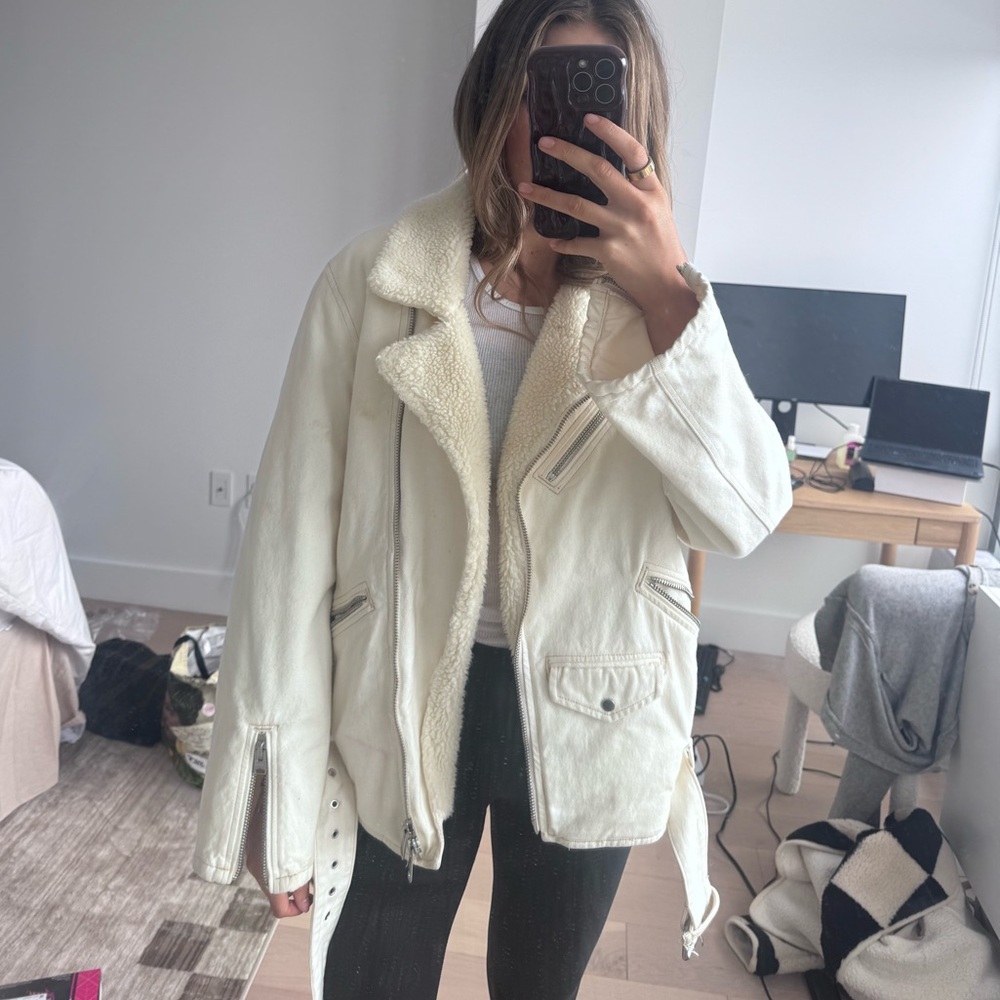 AllSaints Shearling and Denim White Coat